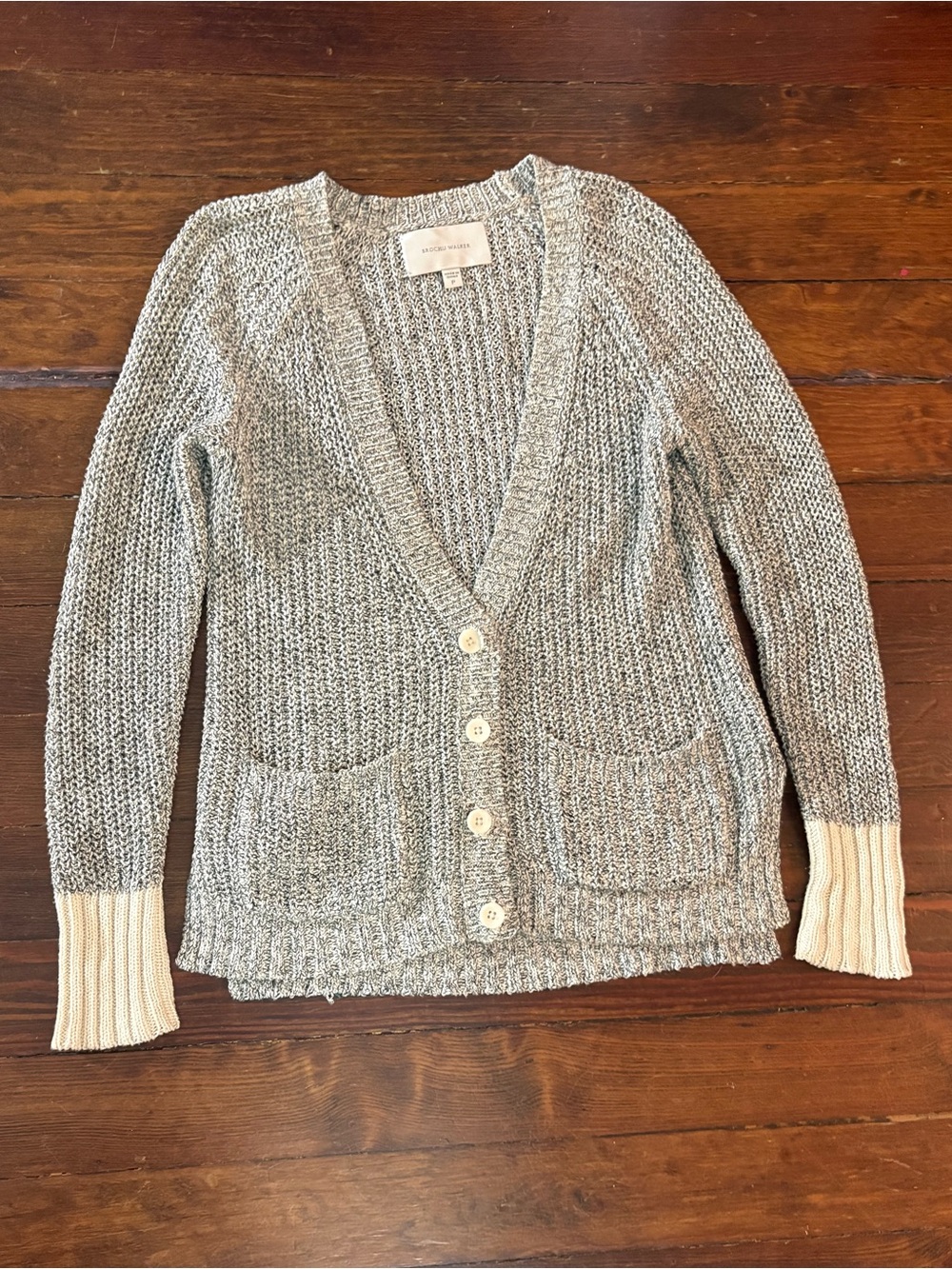 Brochu Walker gray cream knit button front soft cardigan sweater size P